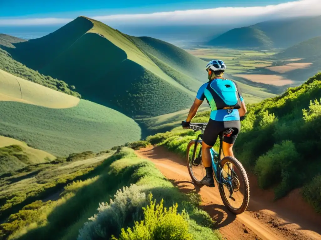 Descenso en bicicleta de montaña en Uruguay: biker bajando un sendero escarpado entre vegetación exuberante y sombras dramáticas del sol