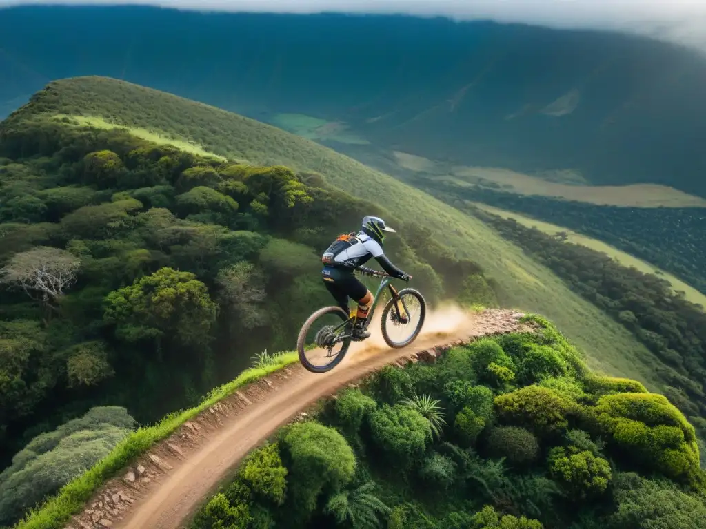 Descensos en bicicleta montaña Uruguay: Biker desafiando sendero rodeado de exuberante naturaleza y terreno agreste en Uruguay