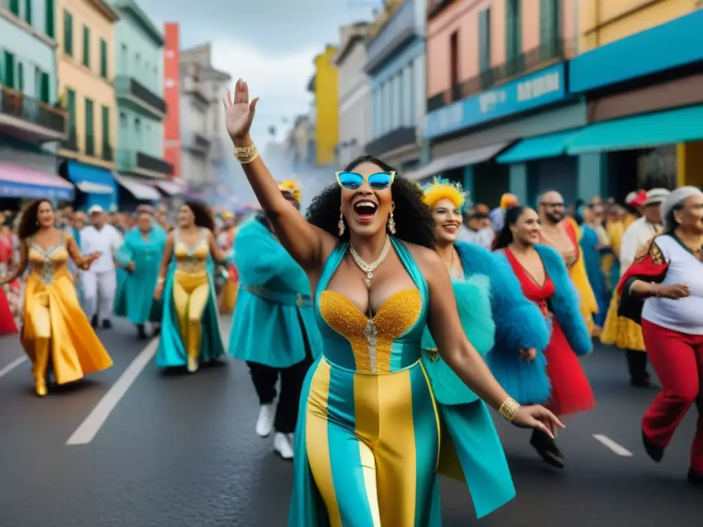 Desfile alegre y diverso en el Carnaval de Montevideo, celebrando la inclusividad y la diversidad