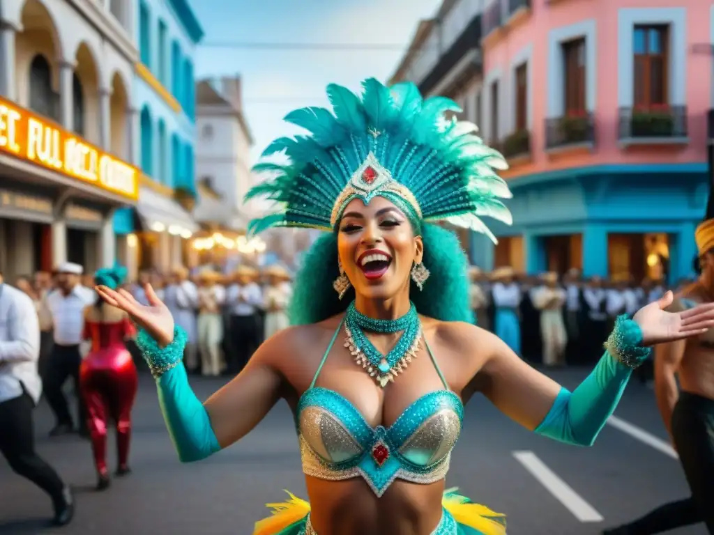 Desfile animado en el Carnaval de Uruguay con coloridos trajes y música tradicional, rodeado de espectadores aplaudiendo