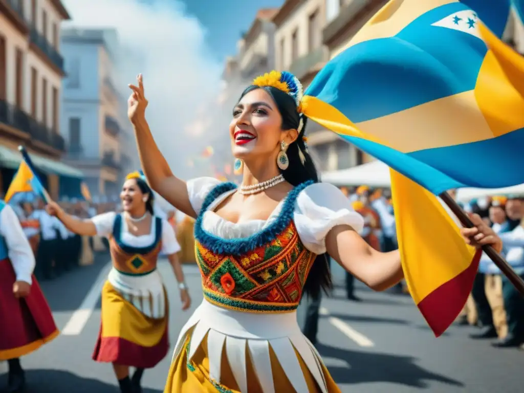 Desfile callejero en Uruguay con coloridos bailarines y espectadores ondeando banderas uruguayas