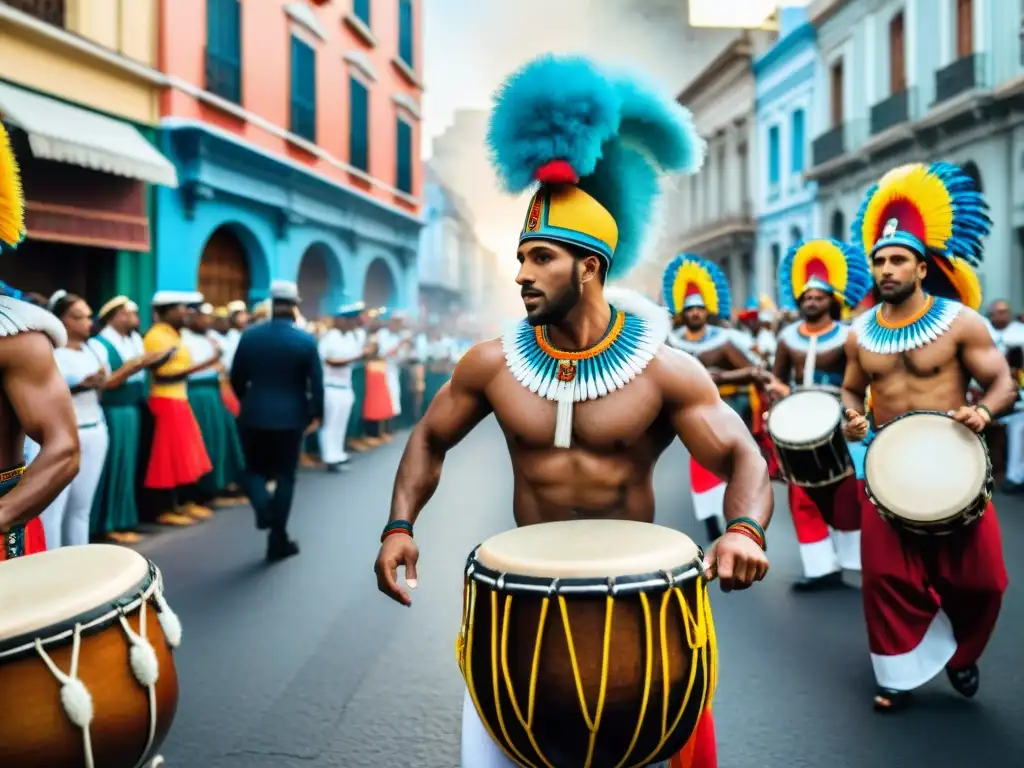 Desfile de Candombe en Montevideo, Uruguay, con trajes vibrantes y tambores