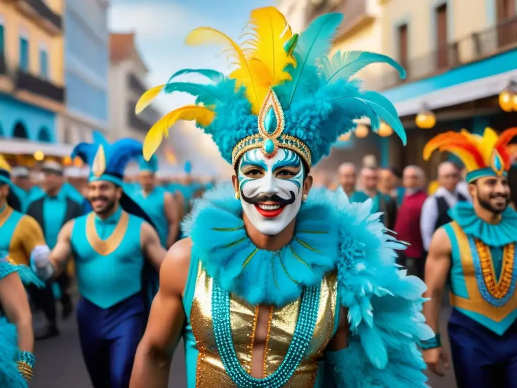 Desfile de carnaval en Montevideo con artistas coloridos y energéticos