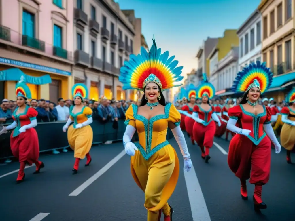 Desfile colorido y alegre en el Carnaval de Montevideo, donde la tradición cobra vida con vibrantes trajes y espectadores felices