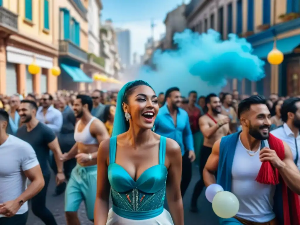 Desfile colorido y alegre en Montevideo durante el Carnaval, con música tradicional y espectadores emocionados