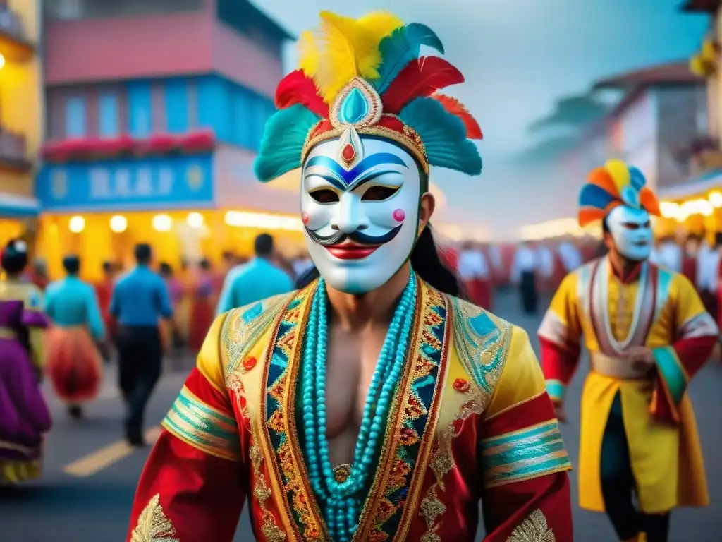 Desfile colorido y alegre del Carnaval de Uruguay, con artistas en trajes elaborados bailando al ritmo de la música tradicional