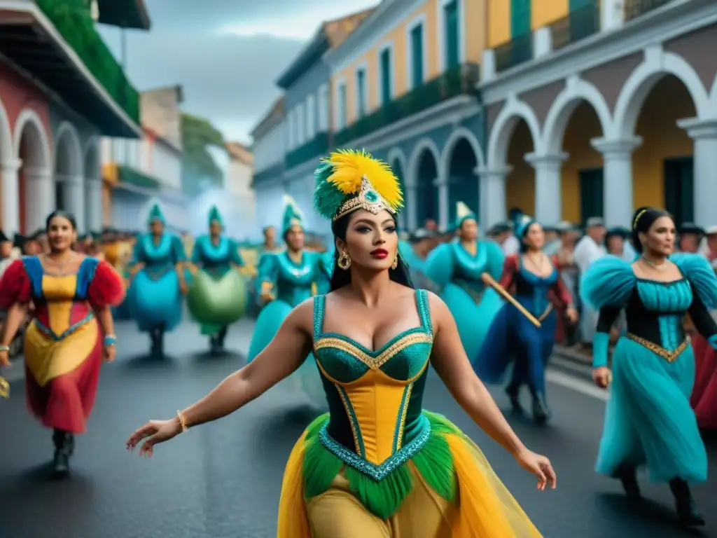 Desfile cultural en San José, Uruguay, colores vibrantes y arquitectura colonial