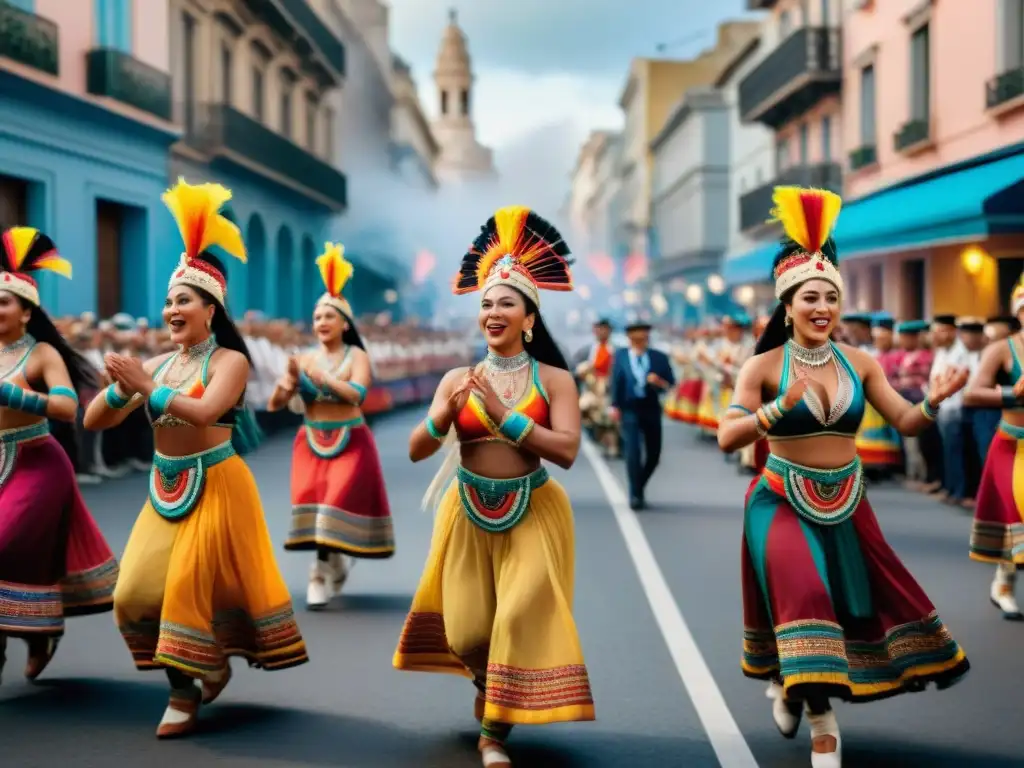 Desfile de Llamadas en Uruguay: Grupo de bailarines afro-uruguayos con trajes coloridos, celebrando con danzas tradicionales en Montevideo