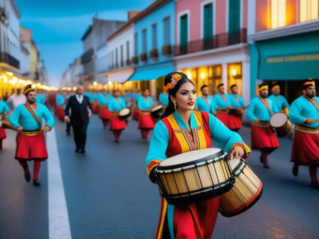 Desfile de Llamadas en Uruguay: Celebración de la cultura afro-uruguaya con colores y ritmos vibrantes en la noche