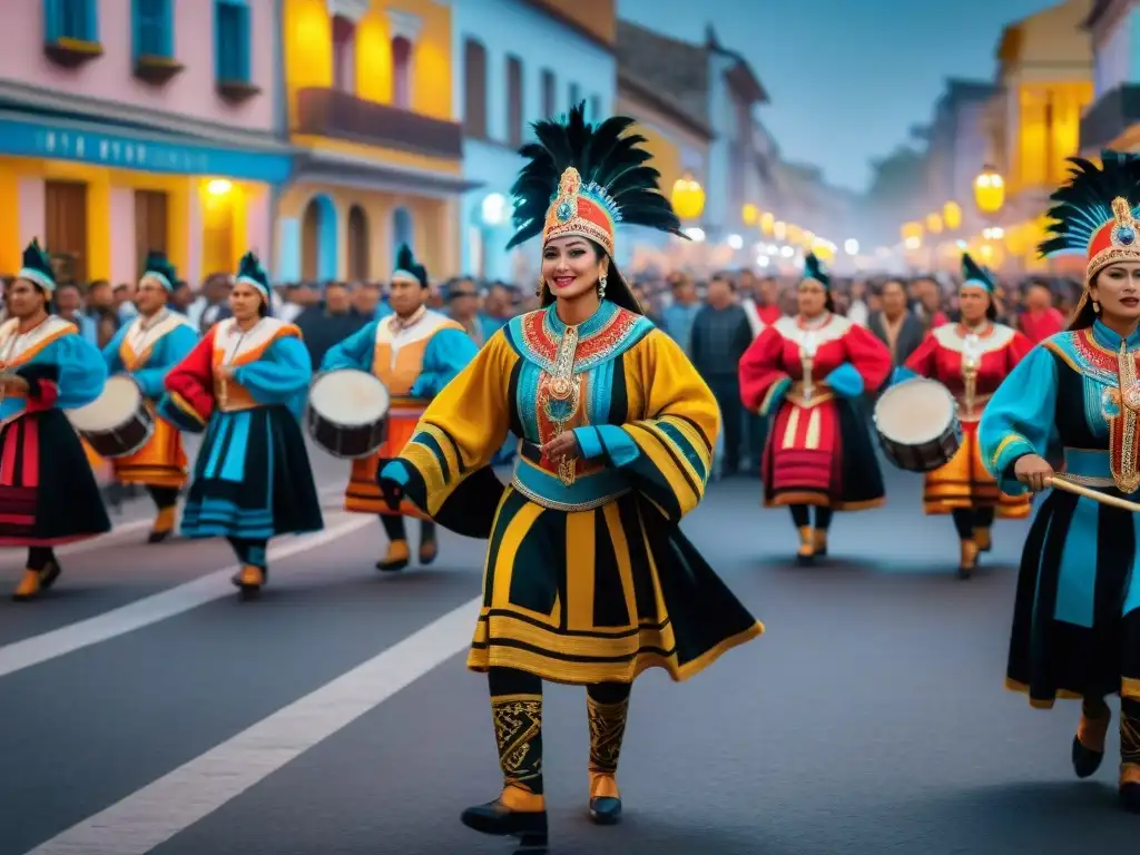 Desfile de Llamadas en Uruguay: Noche vibrante con danzarines y espectadores emocionados bajo luces callejeras