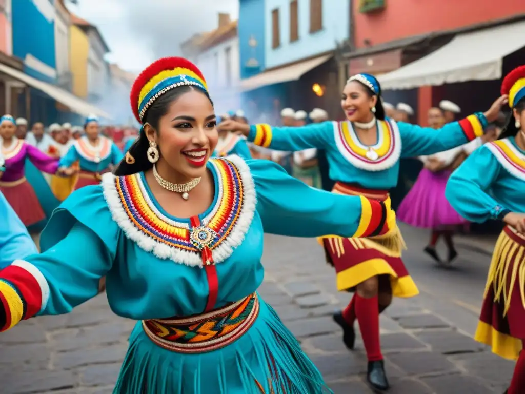 Un desfile de Llamadas en Uruguay: vibrantes bailarines afro-uruguayos en trajes coloridos danzando con pasión al ritmo de tambores