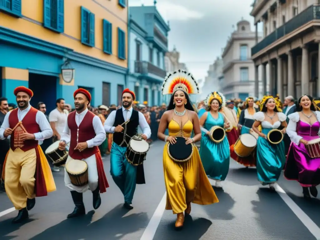 Desfile de murgas coloridas y alegres en Montevideo durante el Carnaval, reflejando la esencia y significado de la murga uruguaya