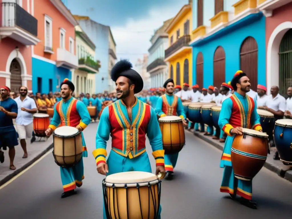 Desfile de tambores en Montevideo durante el carnaval: tradición del Candombe en Uruguay