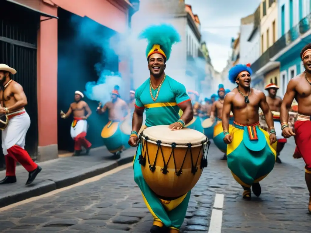 Un desfile de tambores Candombe en la cultura uruguaya, vibrante y colorido, con músicos y espectadores disfrutando la tradición africana