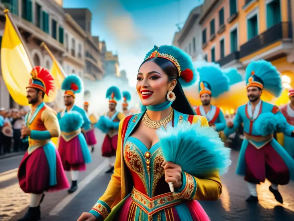 Un desfile vibrante de bailarines en trajes tradicionales durante el Carnaval de Montevideo, lleno de color y cultura