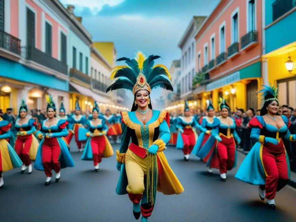 Desfile vibrante y bullicioso del Carnaval de Montevideo, con carrozas coloridas, bailarines en trajes elaborados y espectadores alegres