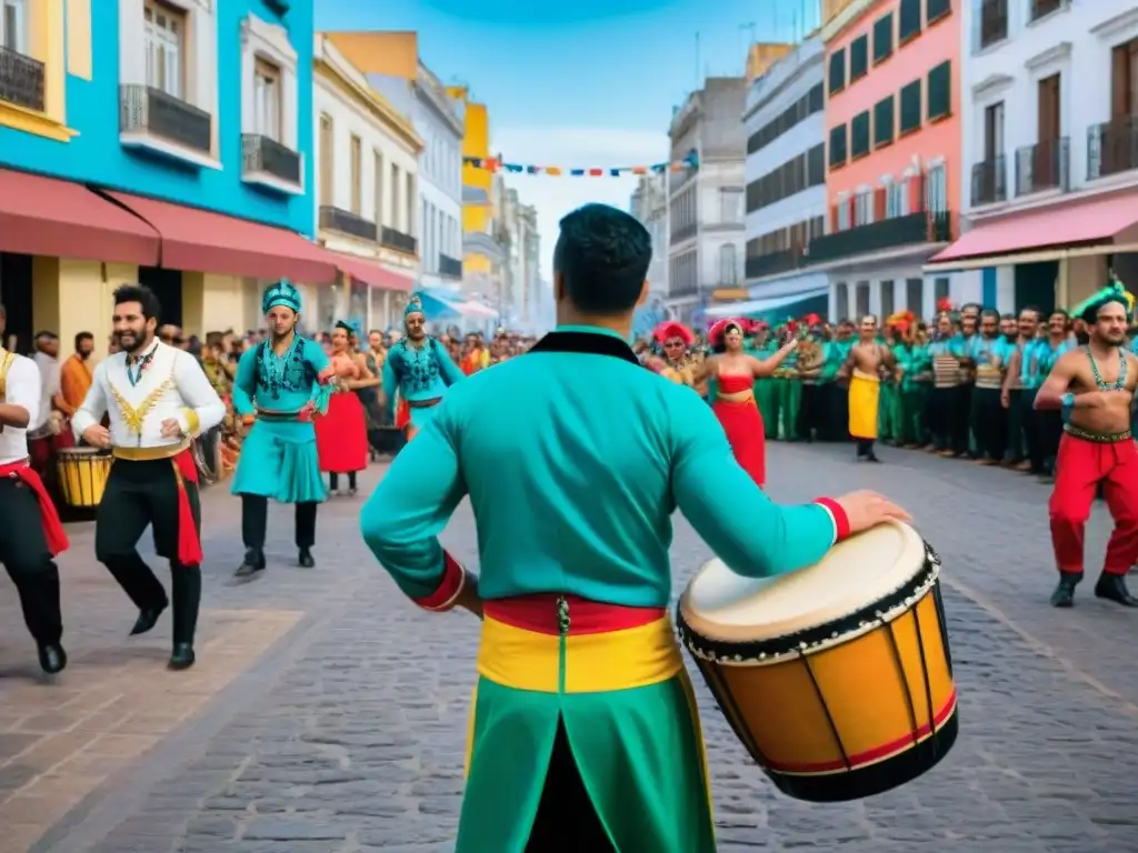 Desfile vibrante de Carnaval en Montevideo, Uruguay: comparsas coloridas, candombe y espectadores emocionados