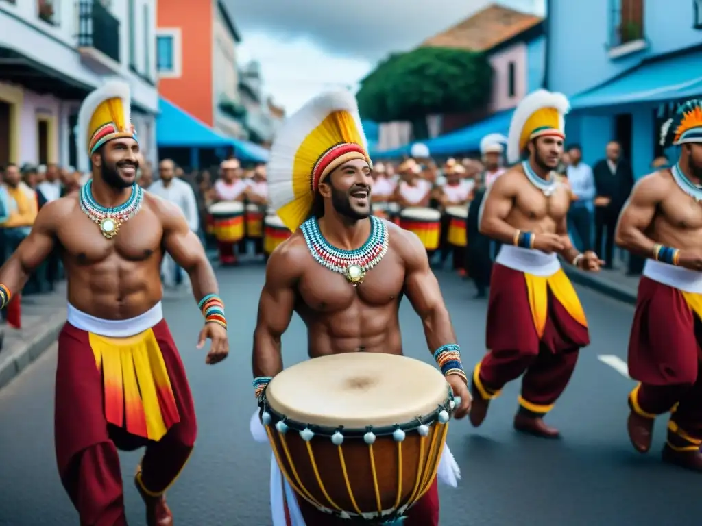 Un desfile vibrante durante el Carnaval en Uruguay con músicos tocando tambores de Candombe, reflejando la historia del candombe en Uruguay