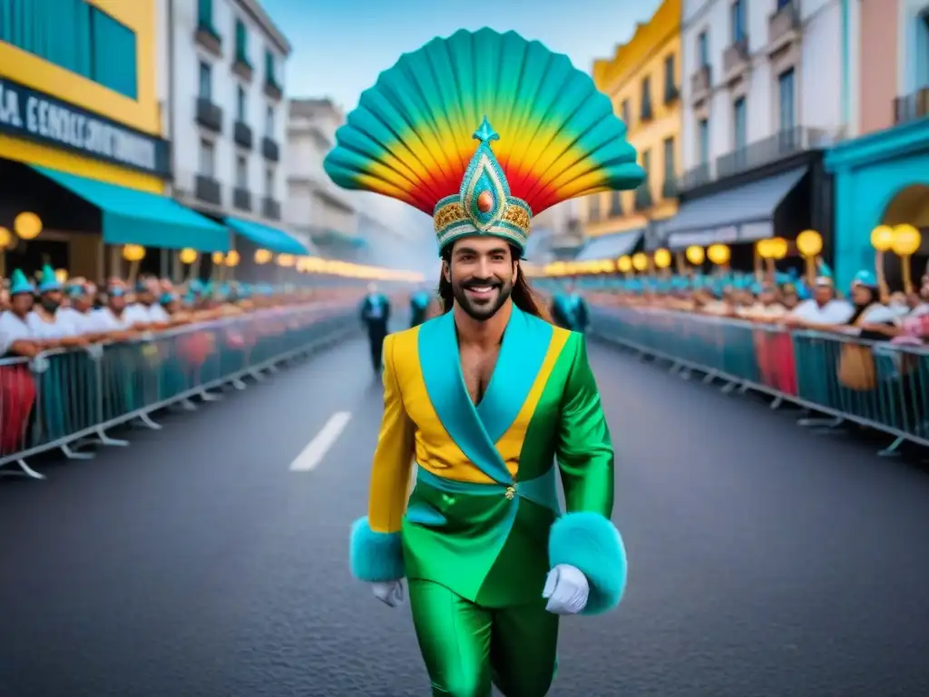 Desfile vibrante y colorido en Montevideo, Uruguay, con carrozas de Carnaval y espectadores alegres