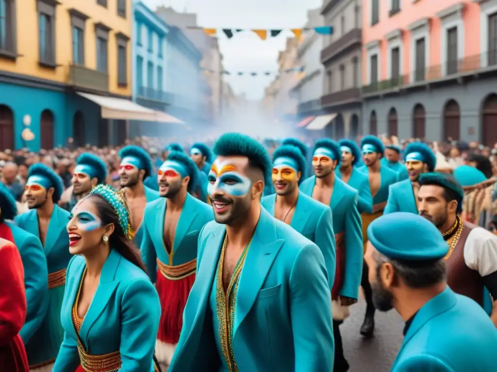 Un desfile vibrante y colorido de murga en Montevideo, Uruguay, con murgueros cantando y bailando en trajes llamativos