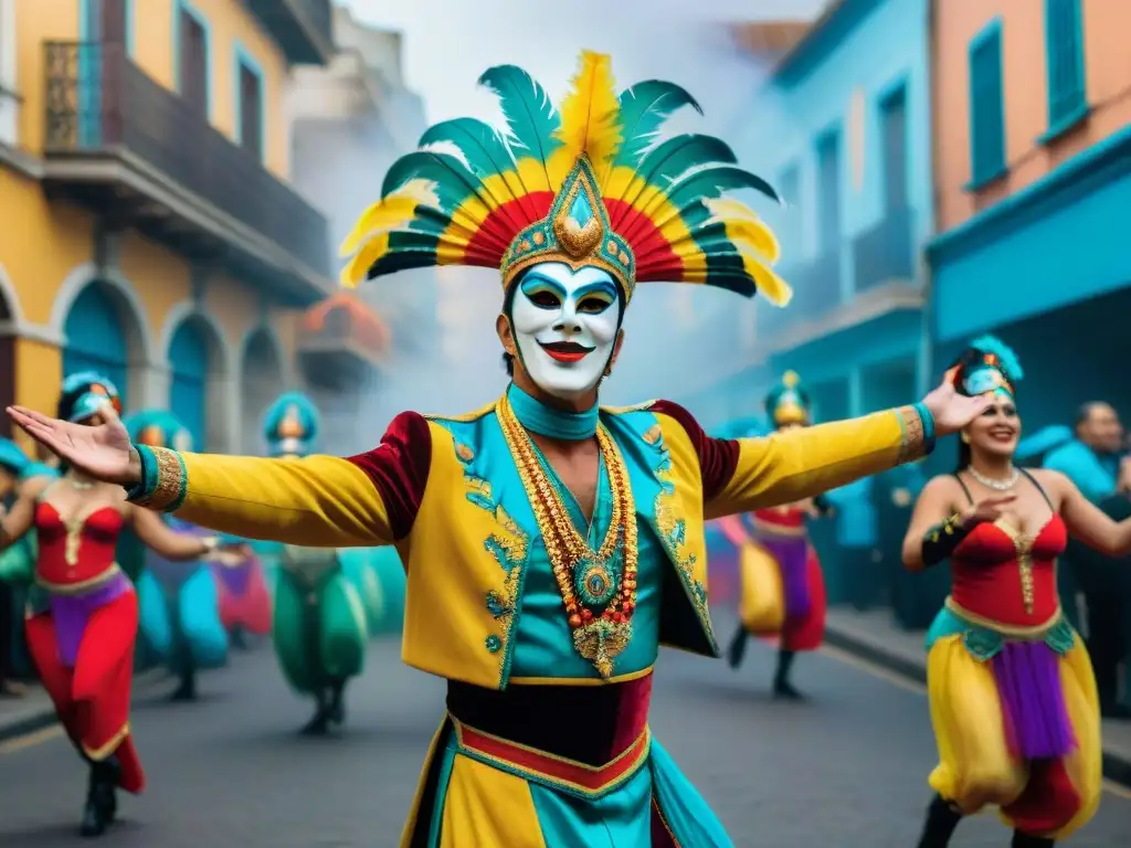 Un desfile vibrante y dinámico de bailarines en el Carnaval de Uruguay preservación fiesta grande