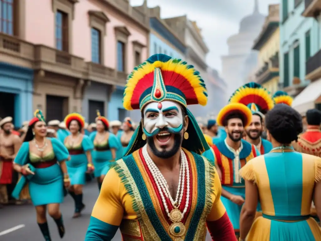 Un desfile vibrante de murgueros en Montevideo durante el Carnaval, mostrando la historia y evolución de la murga uruguaya