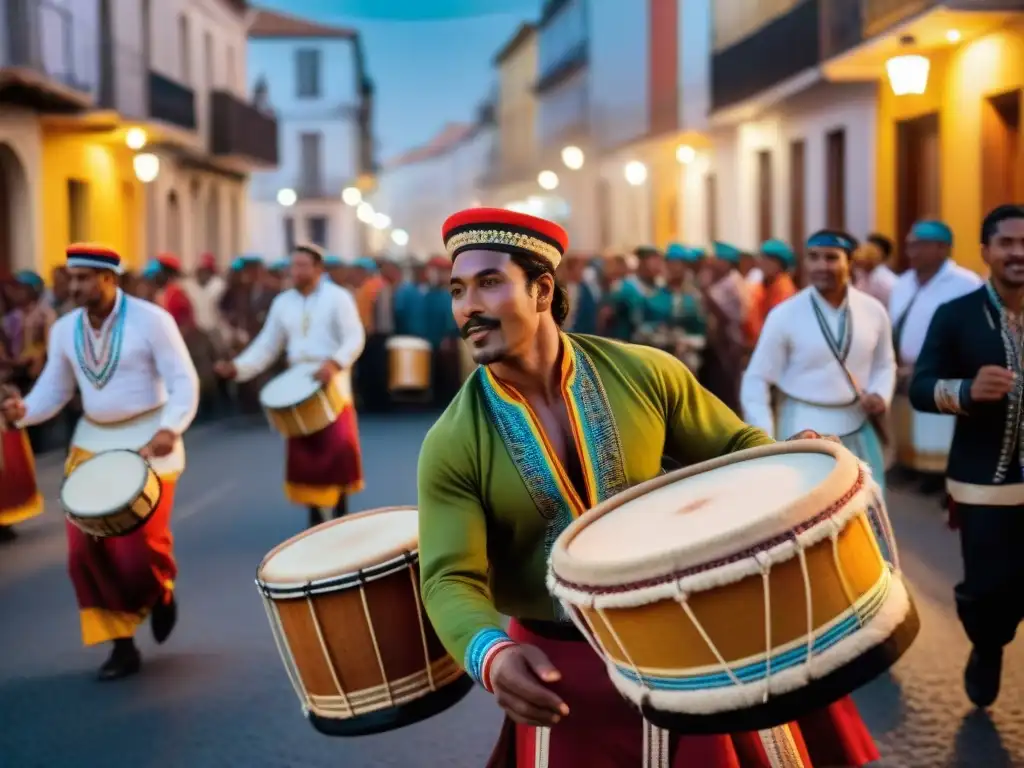 Un desfile vibrante en Uruguay: músicos y bailarines afro-uruguayos en trajes tradicionales, con expresiones llenas de pasión y alegría