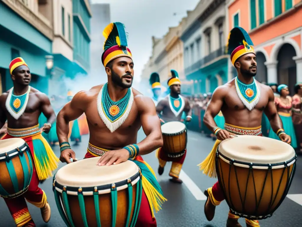 Desfile vibrante en Montevideo, Uruguay, con músicos y bailarines en ritmos música tropical