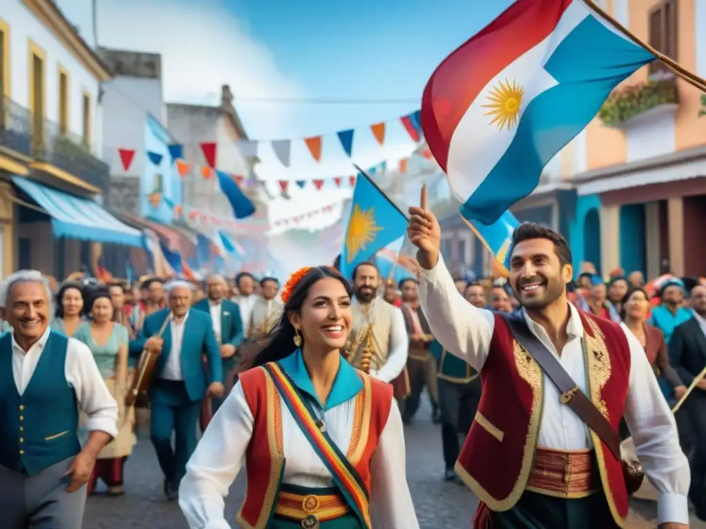 Desfile vibrante en La Semana de Artigas, con trajes tradicionales, banderas y música