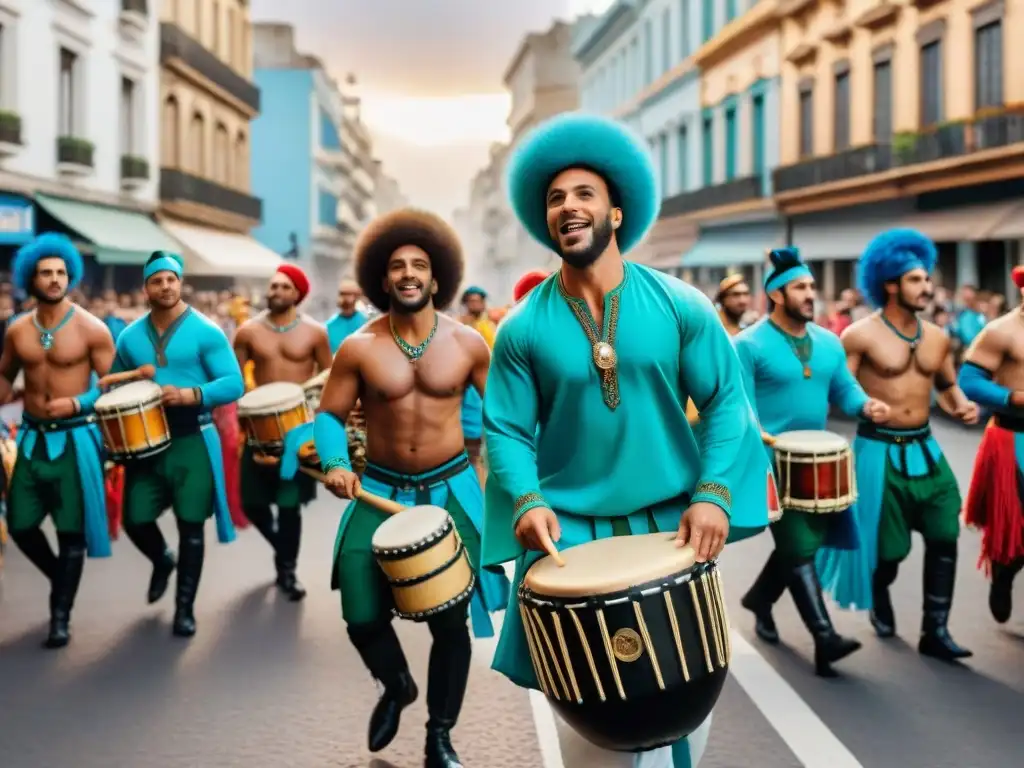 Desfile vibrante de Candombe en Montevideo, Uruguay, con tambores, trajes coloridos y multitud diversa, muestra la historia del candombe en Uruguay