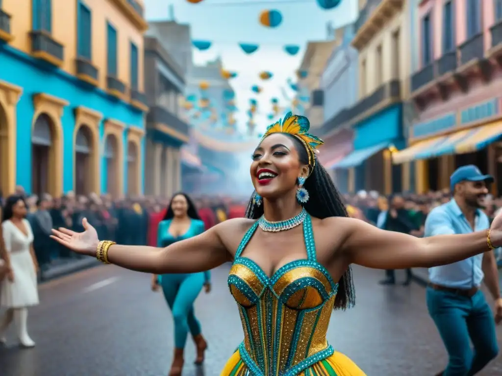 Deslumbrante Carnaval Montevideo: tradición colorida, alegría y danza en la calle llena de confeti y espectadores emocionados