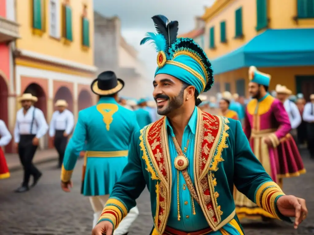 Deslumbrante Carnaval Uruguay preservación fiesta grande: bailarines con trajes coloridos y expresiones alegres en las calles coloniales