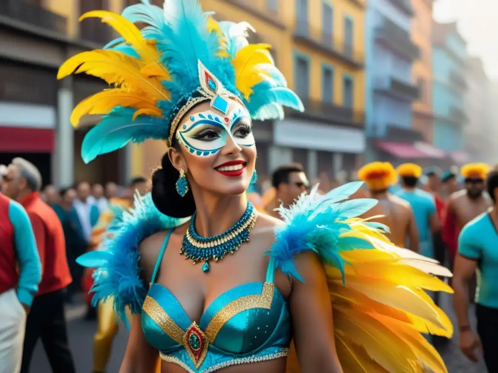 Deslumbrante desfile de bailarines con trajes tradicionales en Montevideo, resplandeciendo en colores vibrantes y alegría festiva