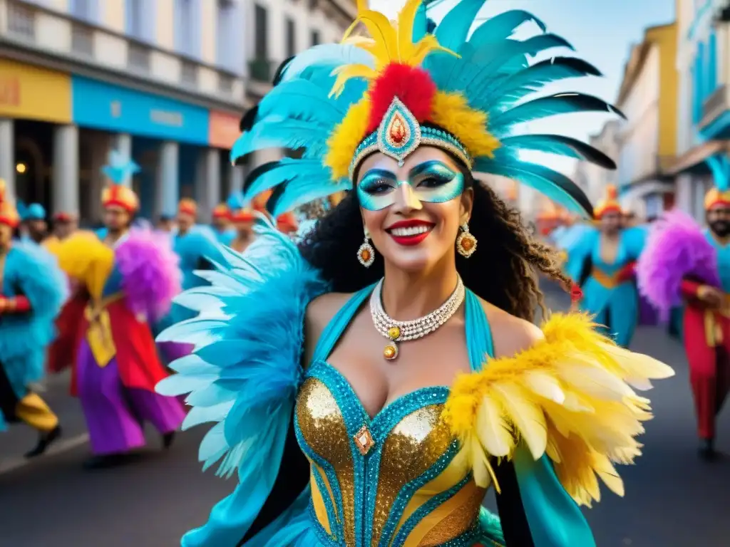 Deslumbrante desfile de bailarines con trajes coloridos en el Carnaval de Uruguay, frente a la arquitectura tradicional