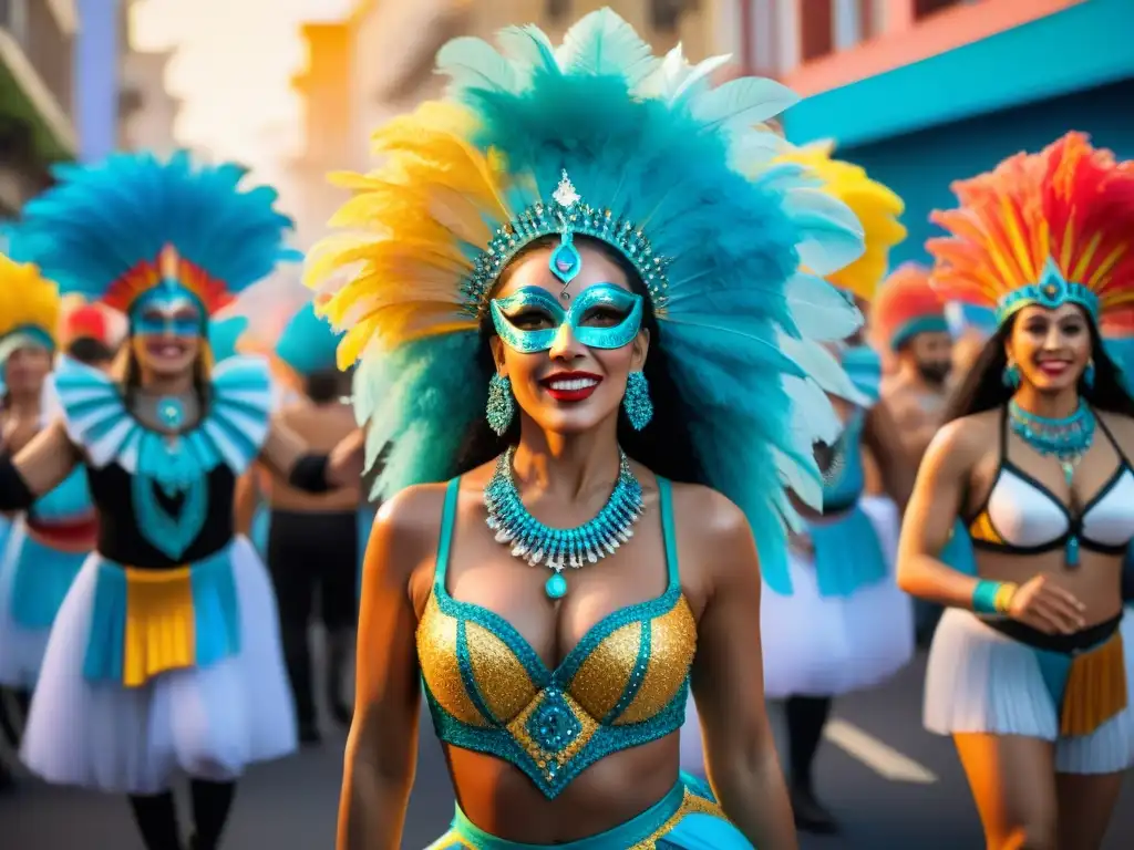 Un deslumbrante desfile de bailarines en trajes tradicionales del Carnaval uruguayo, rodeados de admiradores y confeti colorido