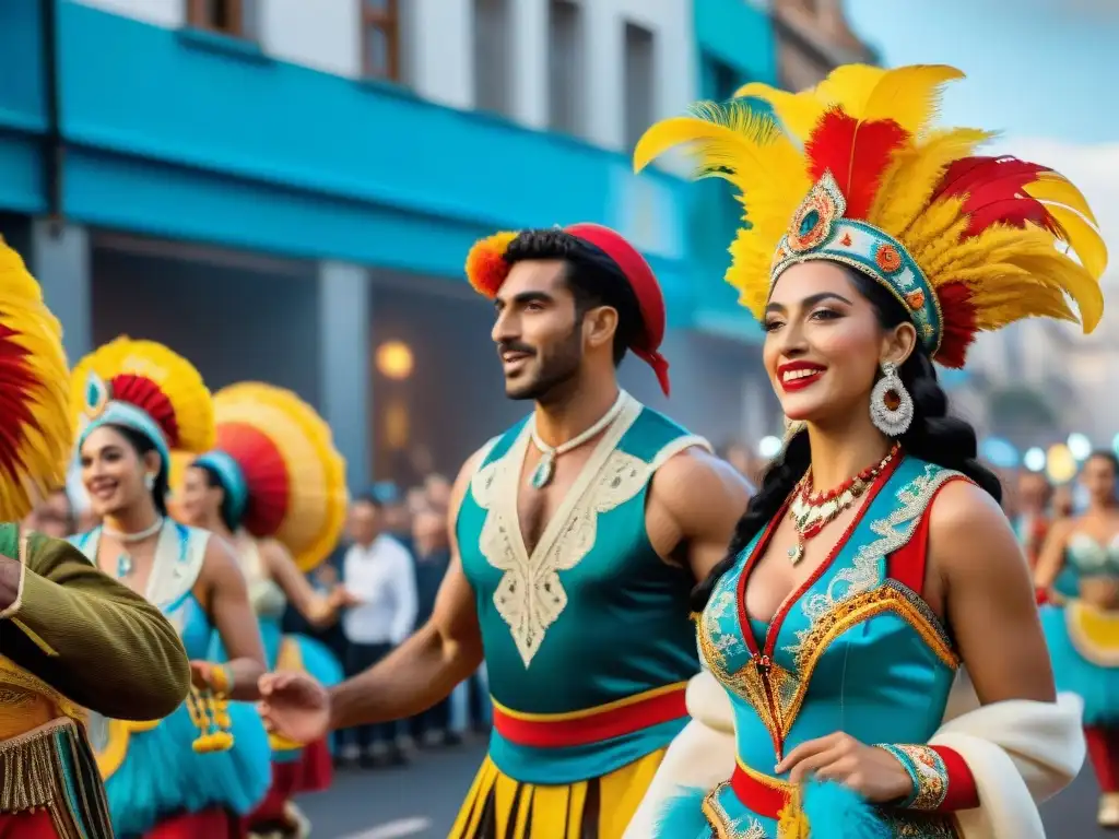 Deslumbrante desfile de carnaval en Montevideo, Uruguay, con bailarines en trajes tradicionales y espectadores animados