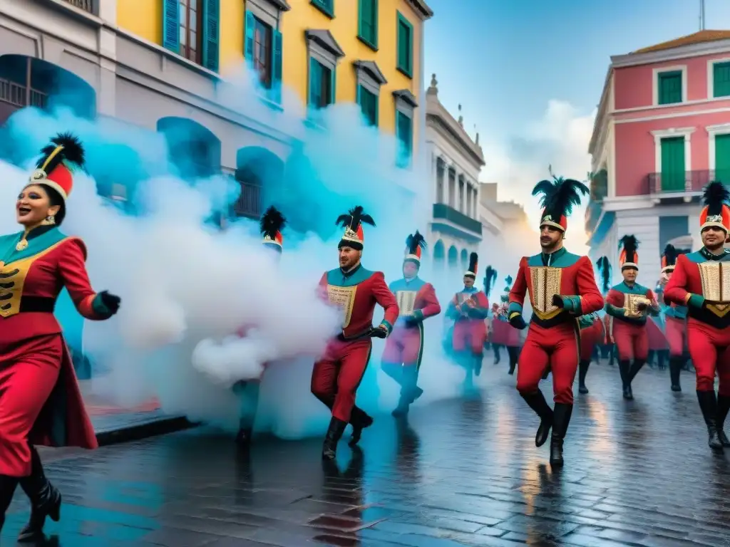 Deslumbrante desfile de Carnaval en Montevideo con coloridos trajes y arquitectura colonial