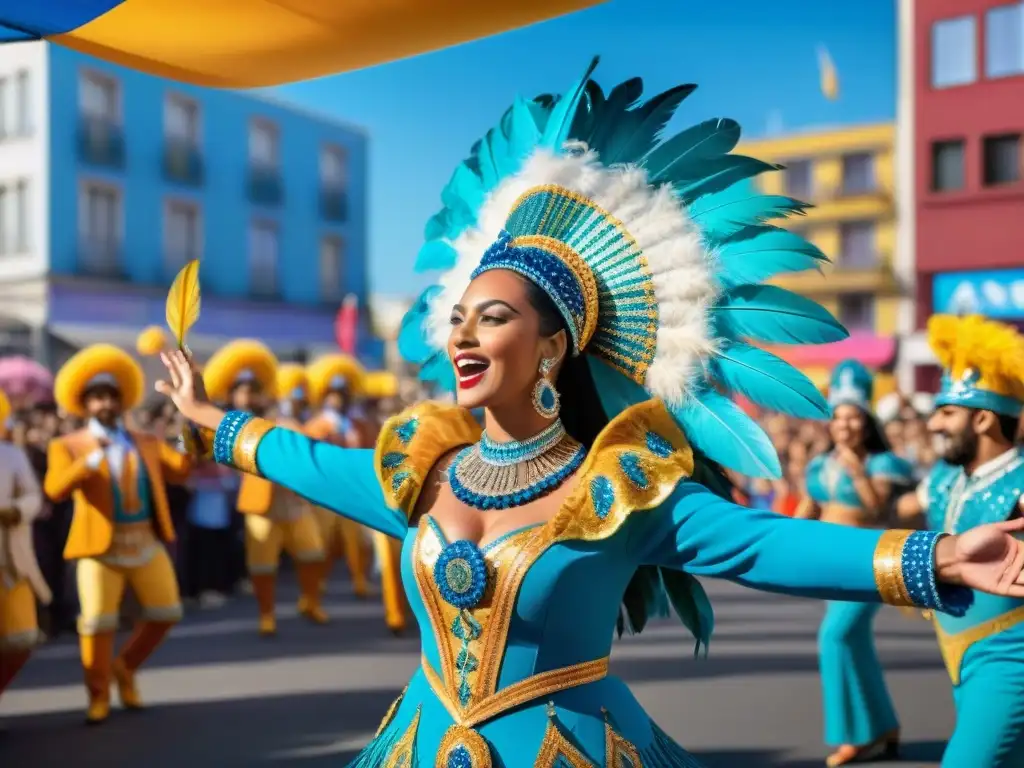 Deslumbrante desfile del Carnaval de Montevideo con trajes tradicionales y plumas coloridas, energía festiva y alegría contagiosa