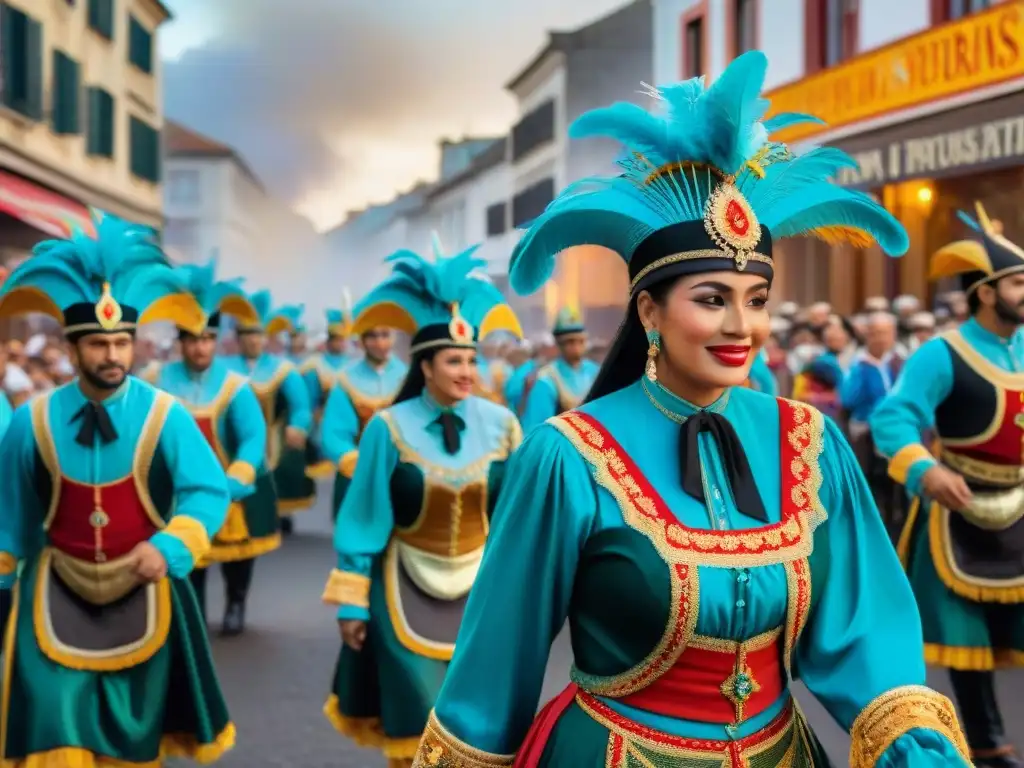 Deslumbrante desfile de carnaval uruguayo con vestuarios vibrantes, carrozas intrincadas y bailarines animados al ritmo de la música tradicional