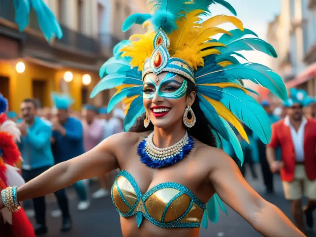 Deslumbrante desfile de Carnaval uruguayo: bailarines coloridos con máscaras y tocados de plumas, rodeados de espectadores alegres