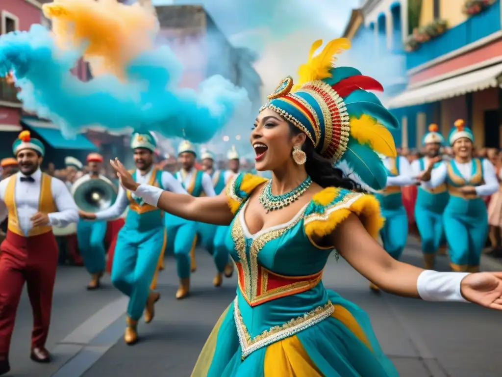 Un deslumbrante y dinámico baile de Carnaval Uruguayo, lleno de color y música tradicional, capturando la esencia festiva y cultural