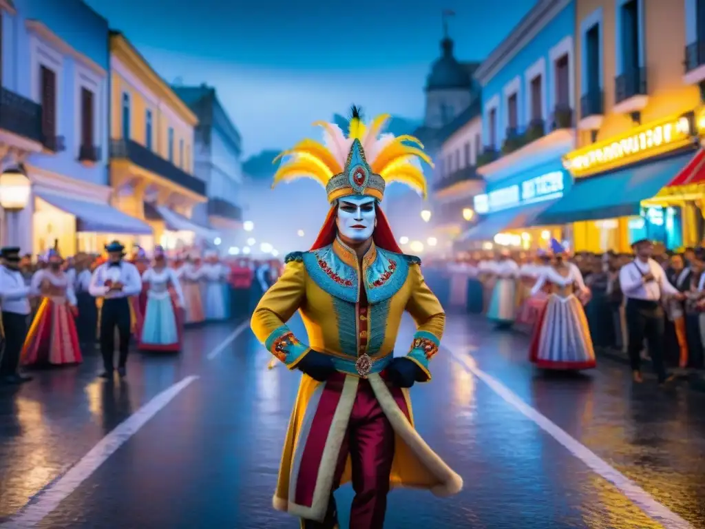 Deslumbrante escena callejera del Carnaval en Uruguay, fusionando magia, color y tradición