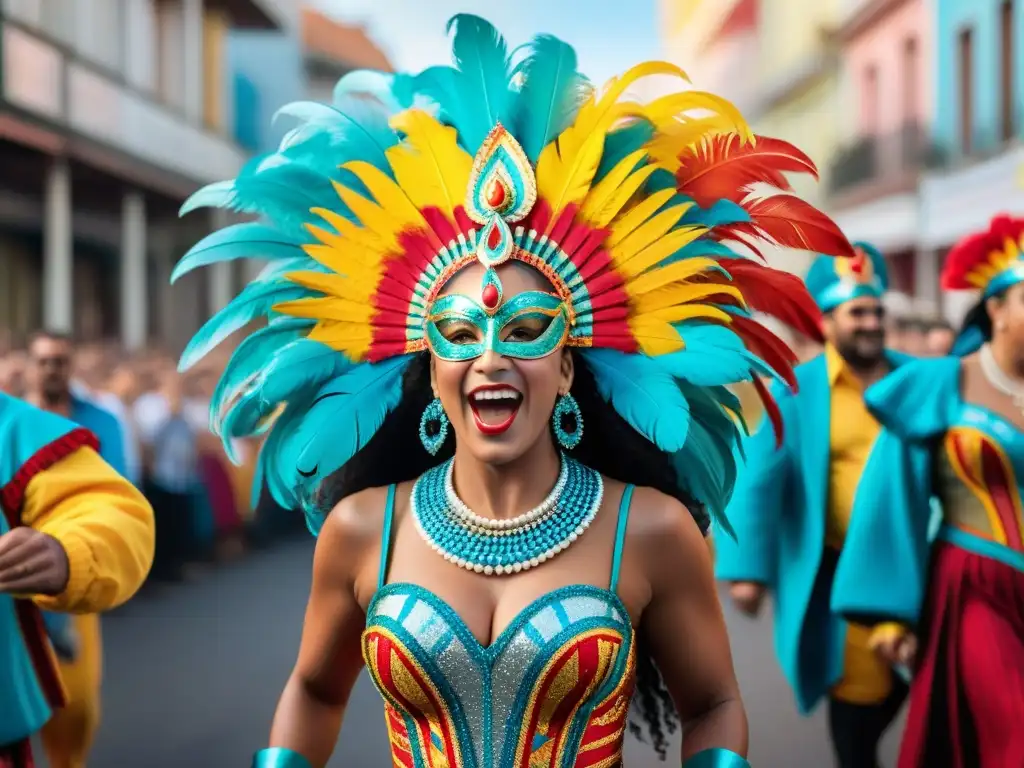 Deslumbrante fotografía del vibrante Carnaval en Uruguay, con coloridos bailarines y espectadores emocionados