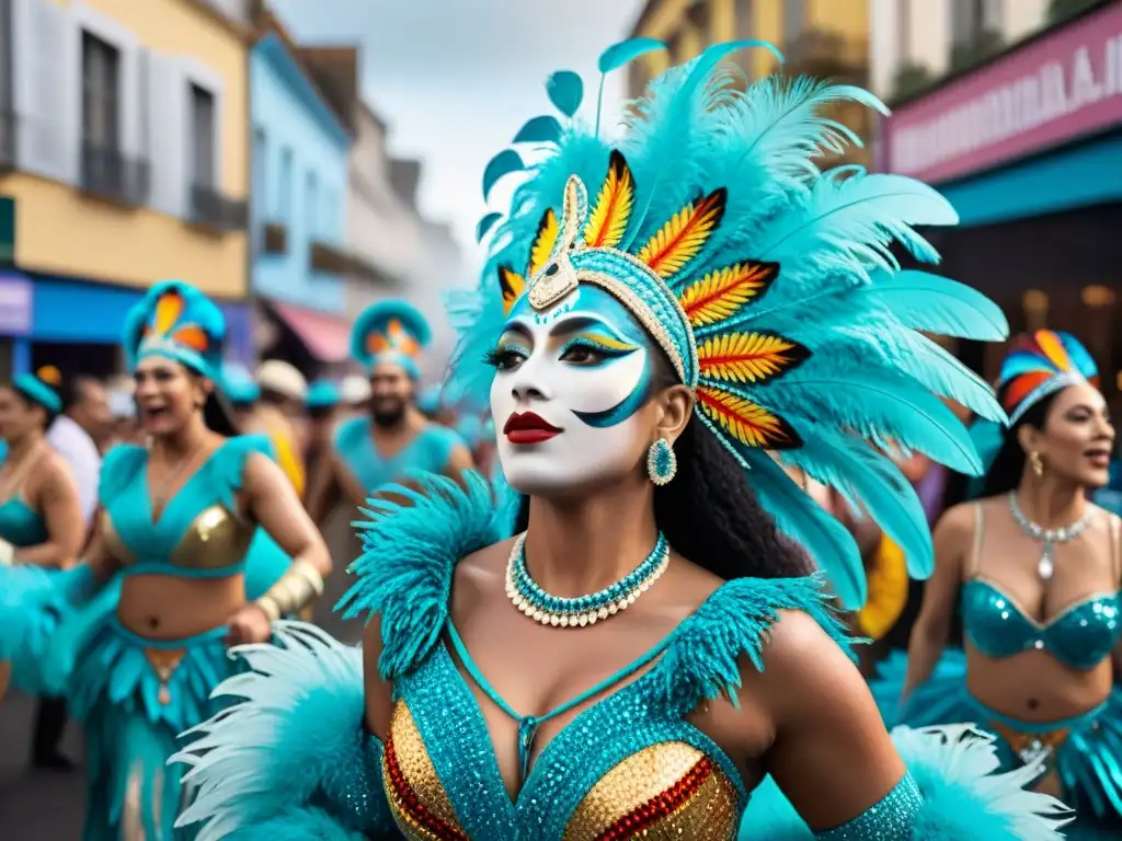 Deslumbrante fotografía del vibrante carnaval uruguayo con bailarines y espectadores en un ambiente festivo y colorido