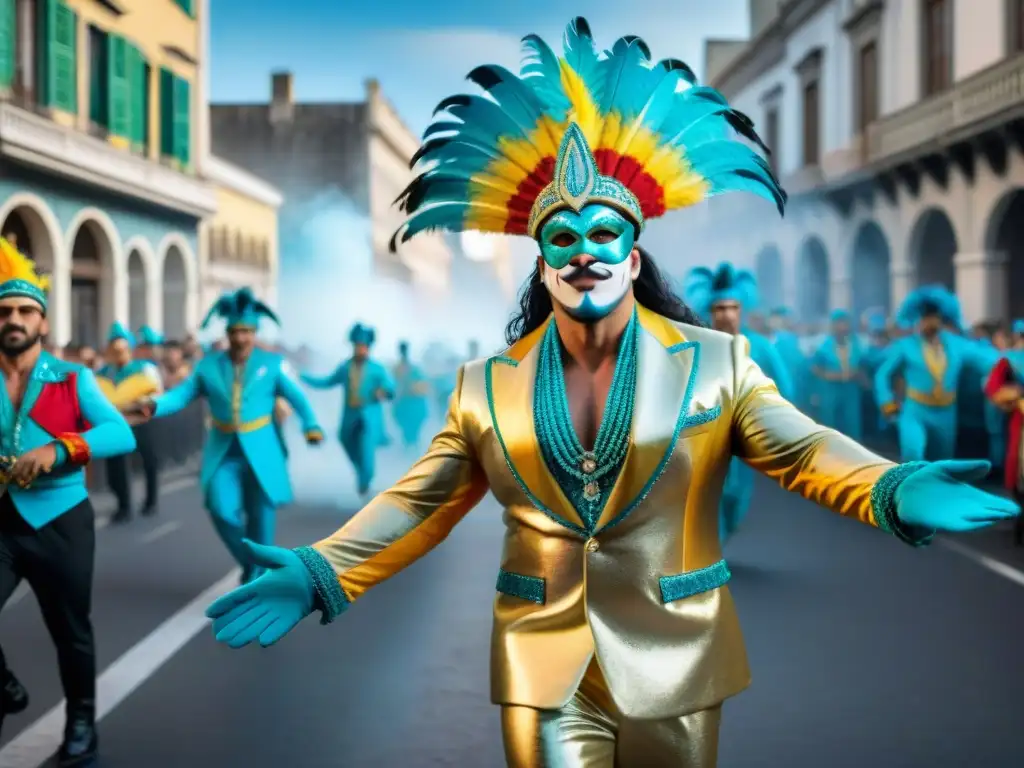 Deslumbrantes bailarines de carnaval uruguayo en desfile por Montevideo