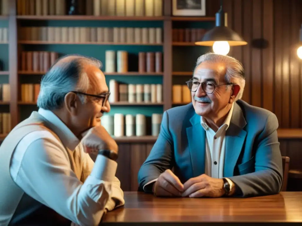 Dos destacados autores de literatura uruguaya, Juan Carlos Onetti y Mario Benedetti, conversan animadamente en un acogedor café