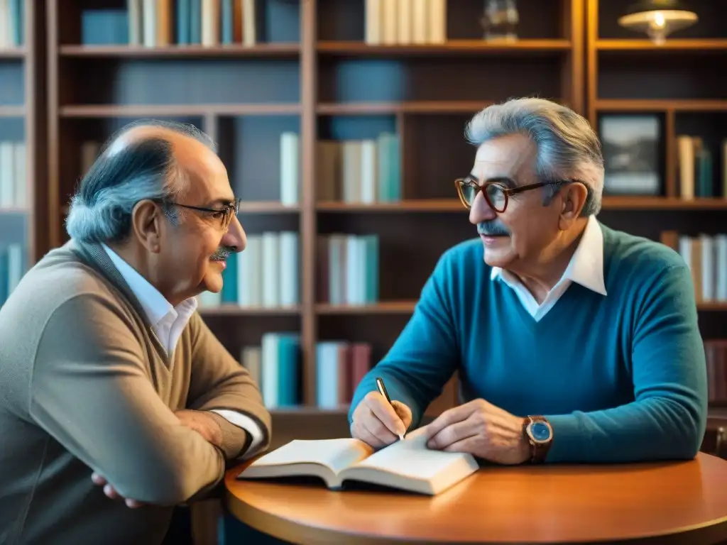 Dos destacados autores de literatura uruguaya, Juan Carlos Onetti y Mario Benedetti, conversan animadamente en un café de Montevideo, rodeados de libros y papeles, en una atmósfera intelectual e inspiradora