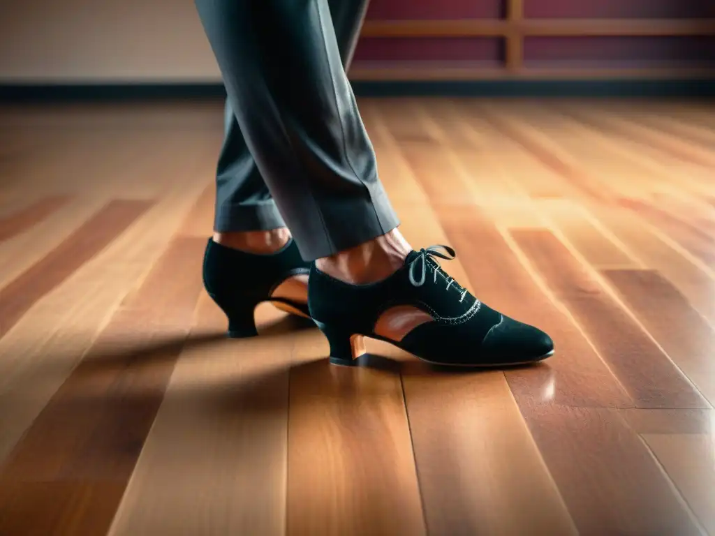 Pasión y destreza en un taller de fotografía tango uruguayo: detalle de los pies de un bailarín en movimiento, sobre suelo de madera