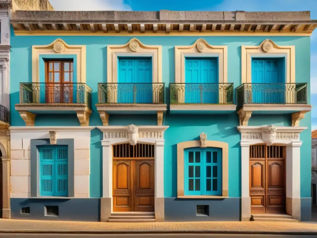 Fotografía detallada de edificio colonial en Uruguay con balcones ornamentados y fachadas coloridas