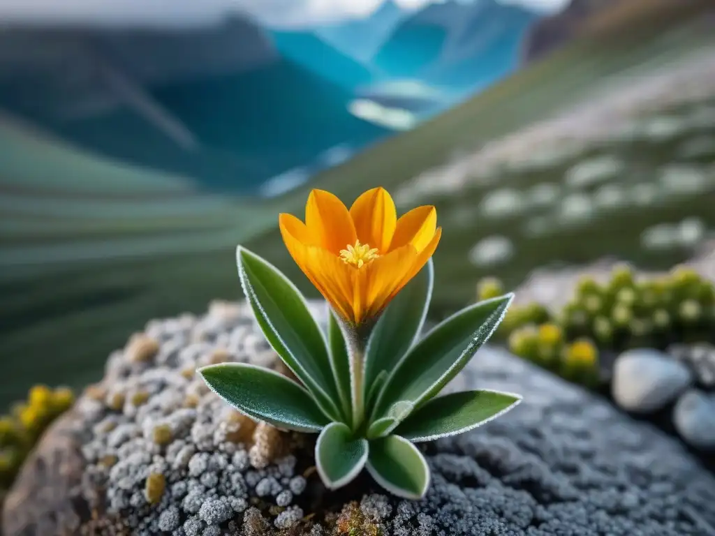 Detallada flor alpina con adaptaciones en sierras uruguayas, resalta colores vibrantes en terreno rocoso